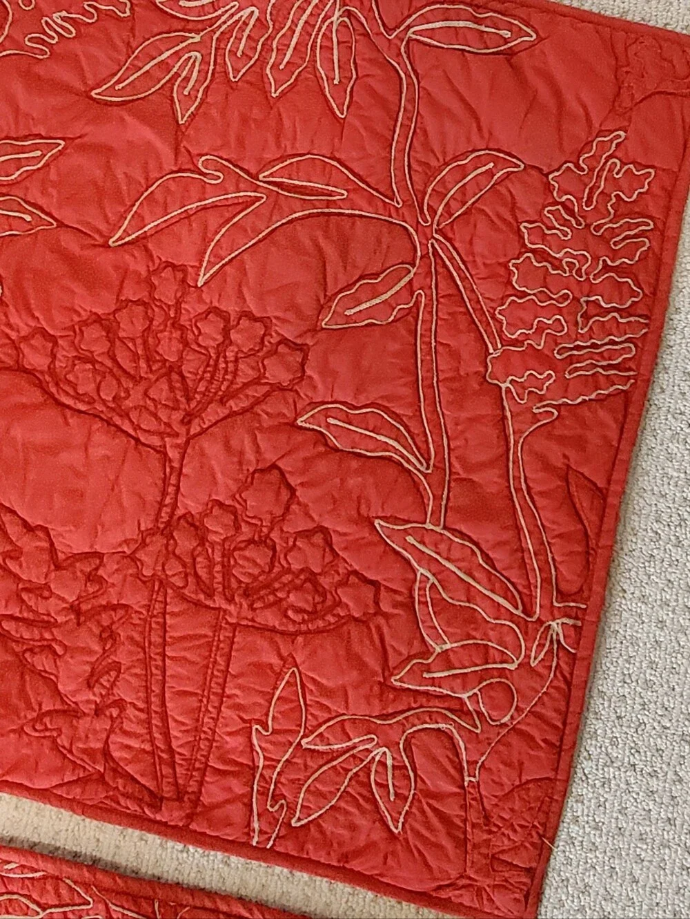 3 Pottery Barn Brick/Tan Organic Cotton Crewel Leaf Botanical Quilted Euro Shams